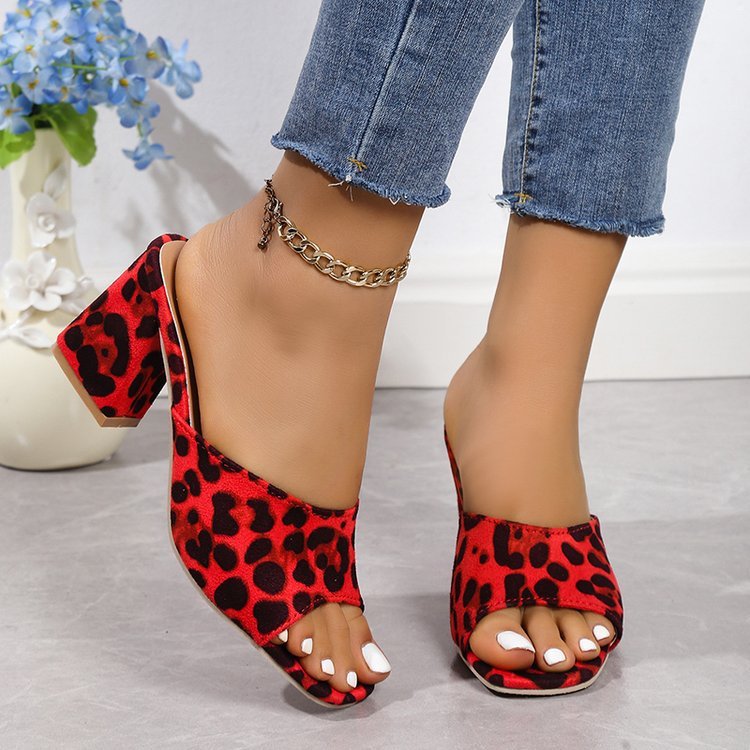 Krispfy Orignals USA - Leopard Square Toe Sandals Summer High - Heeled Slippers I Chunky Heel Shoes For Women