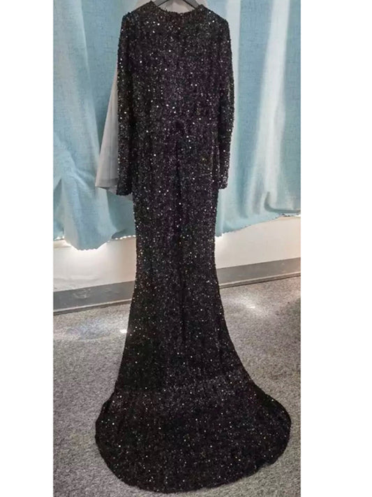 Krispfy.com Grey Long Sleeve Sequin Evening Dress