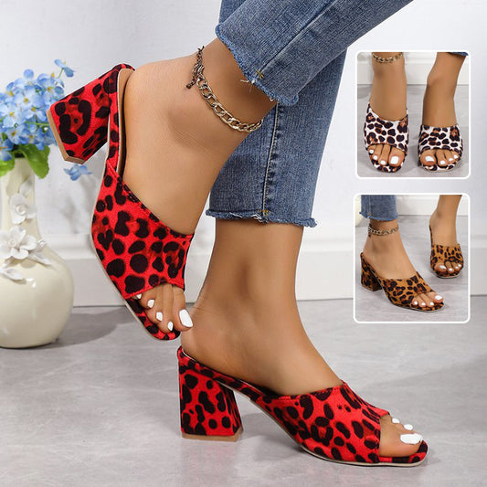 Krispfy Orignals USA - Leopard Square Toe Sandals Summer High - Heeled Slippers I Chunky Heel Shoes For Women