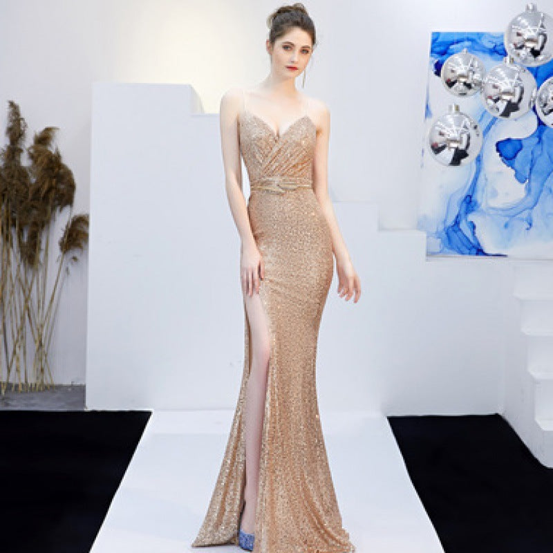 Krispfy.com New Banquet Elegant Annual Meeting Long Host Deep V Sexy Fishtail Sequined Dress