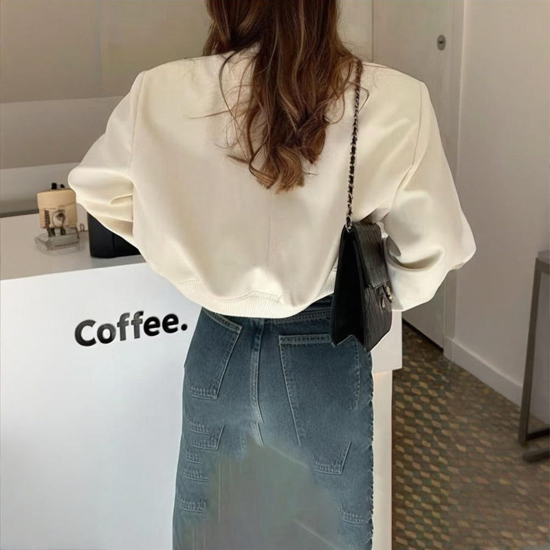 Women's Solid Color Long Sleeve Baseball Jacket With Button Front & Pockets - Casual Short Jacket For Spring&Fall