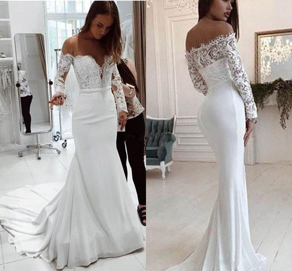 Krispfy.com Fashion One Shoulder Lace Long Sleeve Dress Mopping Wedding Dress