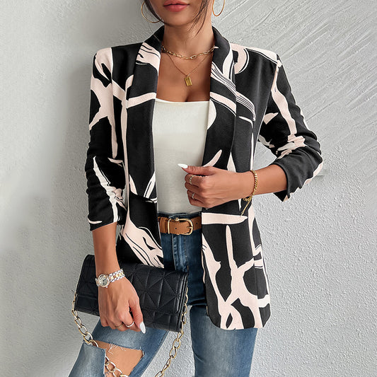 Women's Abstract Print Blazer Button Front Lapel Long Sleeve Office Blazer Elegant Work Jacket For Women