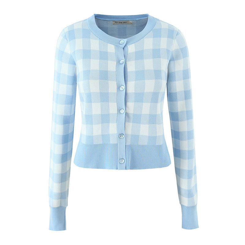 Women's Round Neck Plaid Knitted Cardigan Short Slim-fit Small Coat