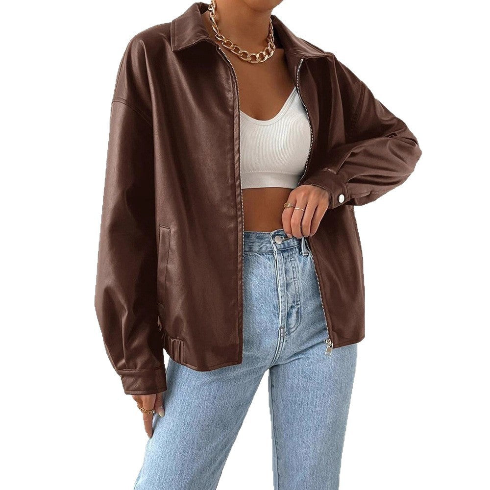 PU Leather Coat Retro Biker's Long Sleeve Zipper Lapel Jacket