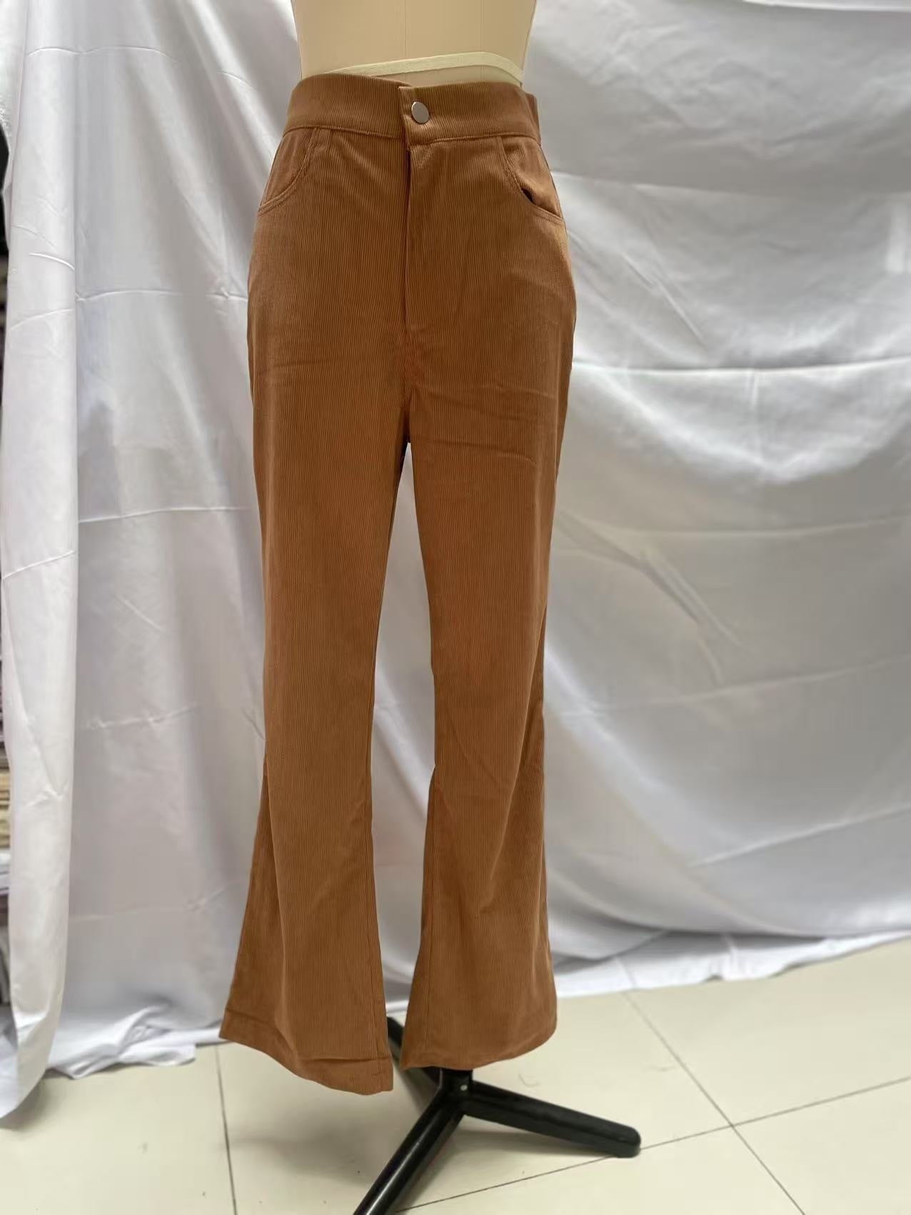 Solid Color Mid-waist Slim-fit Micro Flared Pants Corduroy