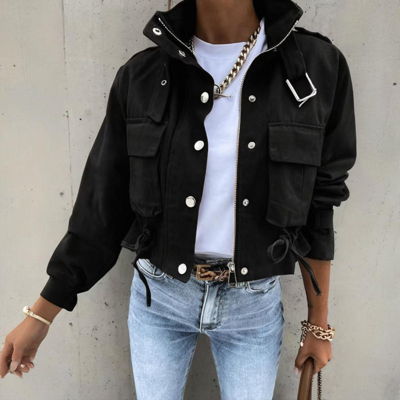 Women's Stand Collar Long Sleeve Jacket With Button & Zipper Closure - Two Large Pockets & Drawstring Hem Casual Short Jacket For Spring&Fall