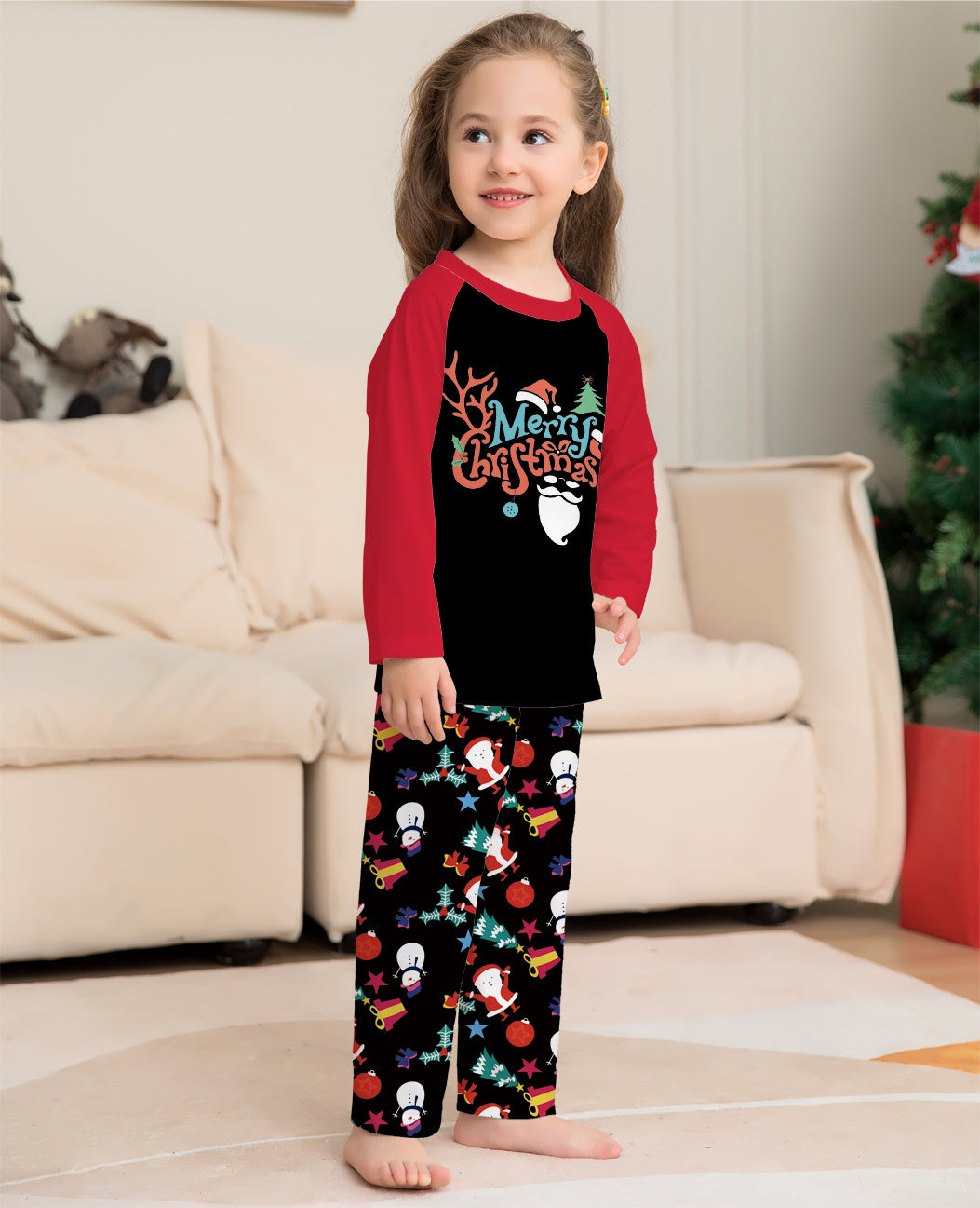 Cartoon Printed Round Neck Long Sleeve Holiday Pajamas Parent-child Suit