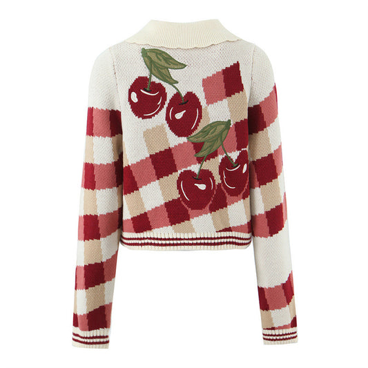 Women's Embroidered Cherry Cropped Sweater Coat