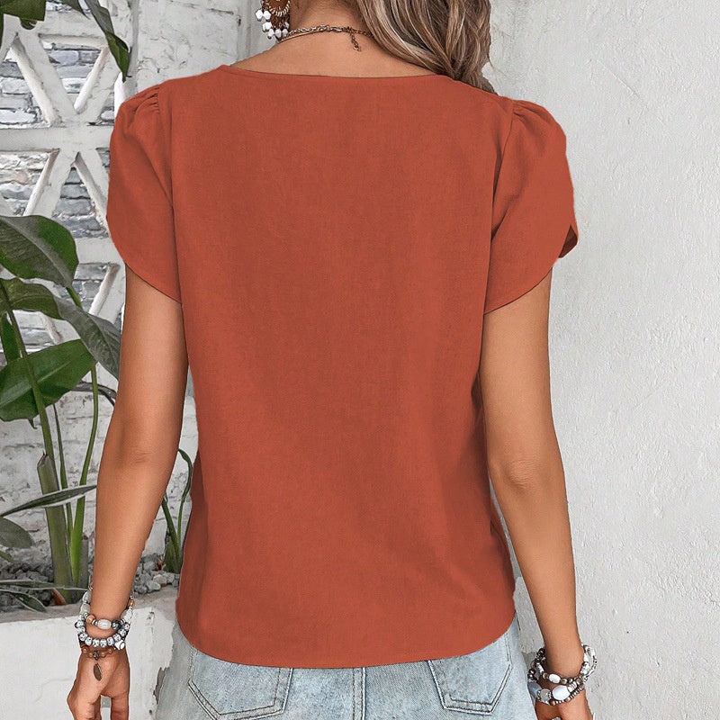 Womens Dressy Casual Petal Sleeve Asymmetrical V Neck Work Shirts Blouse Tops