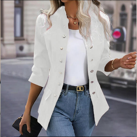 Women's Solid Color Stand Collar Double Breasted Long Sleeve Cardigan Office Casual Jacket For Spring&Fall