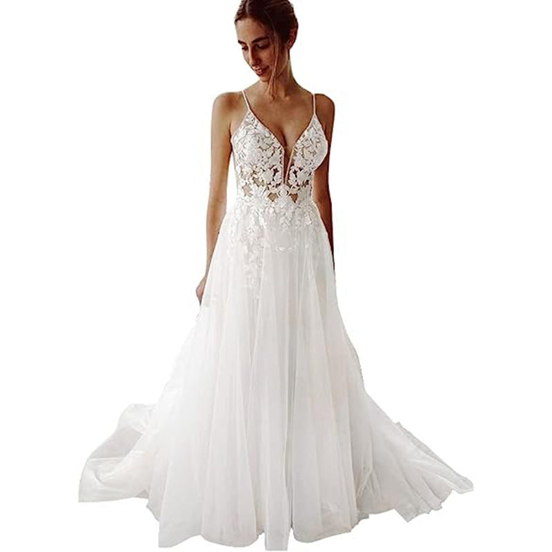 Krispfy.com Women's Wedding Dress Lace Strap Backless