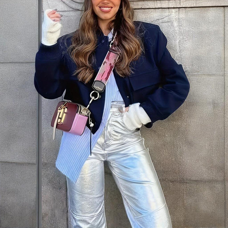 Women's Solid Color Long Sleeve Baseball Jacket With Button Front & Pockets - Casual Short Jacket For Spring&Fall