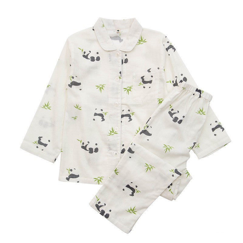 Spring And Summer All Cotton Gauze Cute Cartoon Long Sleeved Pajama Set For Boys And Girls