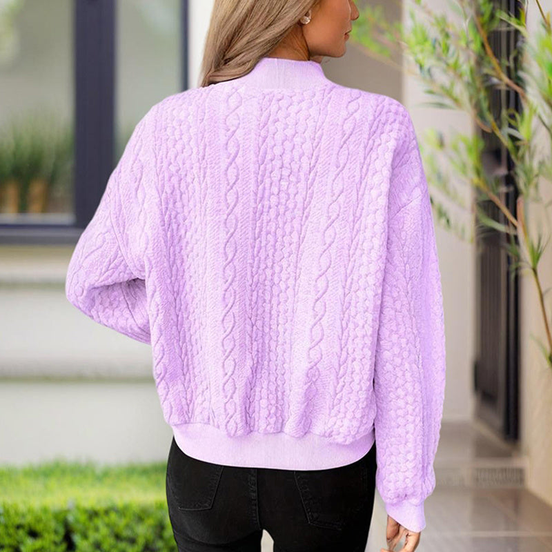 Women's Solid Color Button-Up Long Sleeve Jacket - Ribbed Texture Casual Top For Spring & Fall