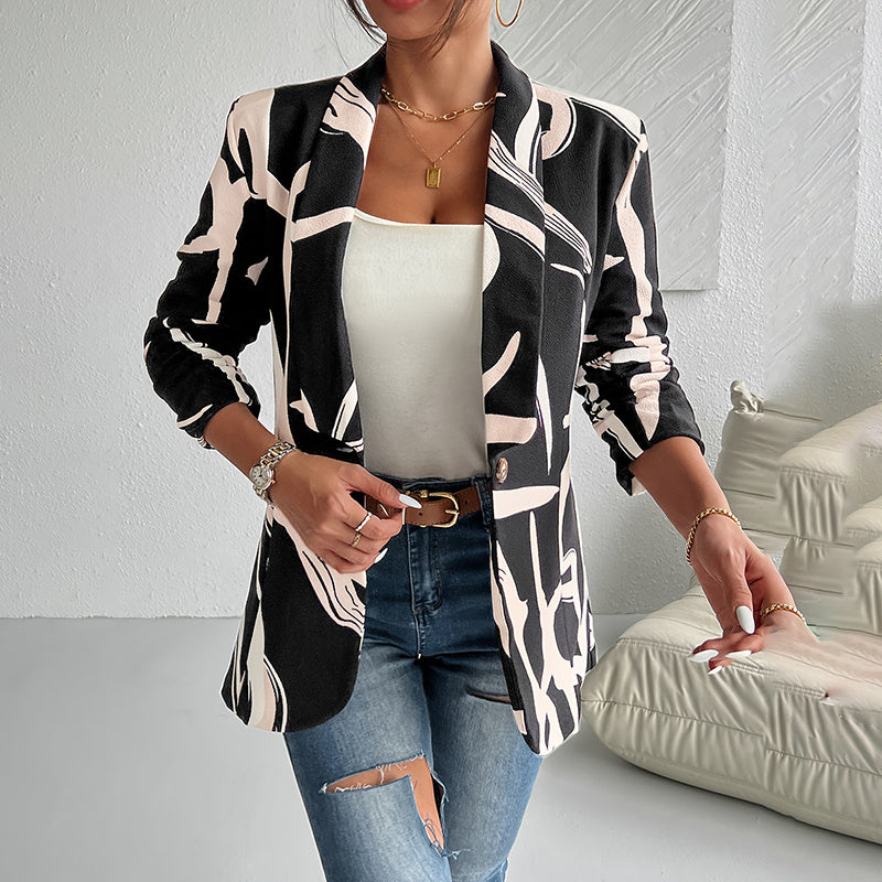 Women's Abstract Print Blazer Button Front Lapel Long Sleeve Office Blazer Elegant Work Jacket For Women