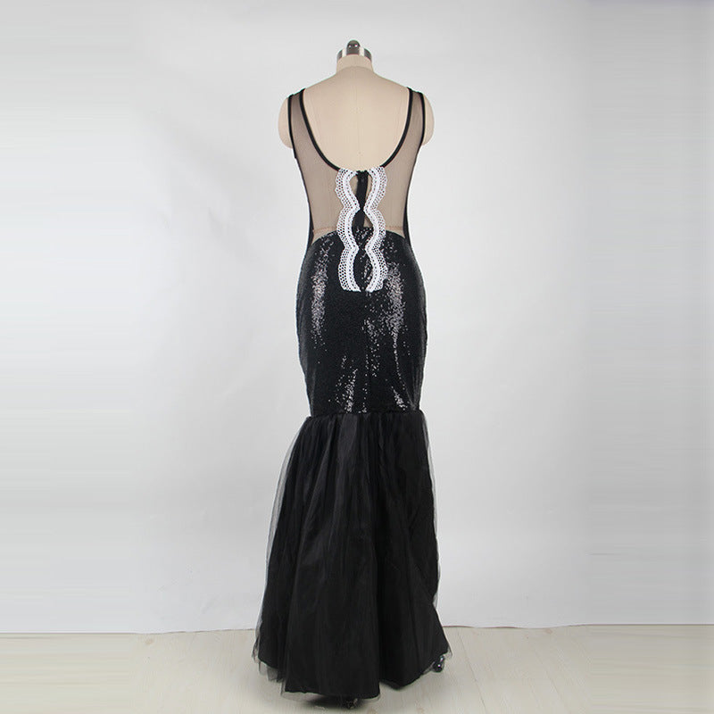 Krispfy.com Orignals Long Skirt Sexy Sleeveless I Sequin Mesh Stitching Banquet Evening Dress I Dew Backpack Hip Fishtail I Mopping Dress