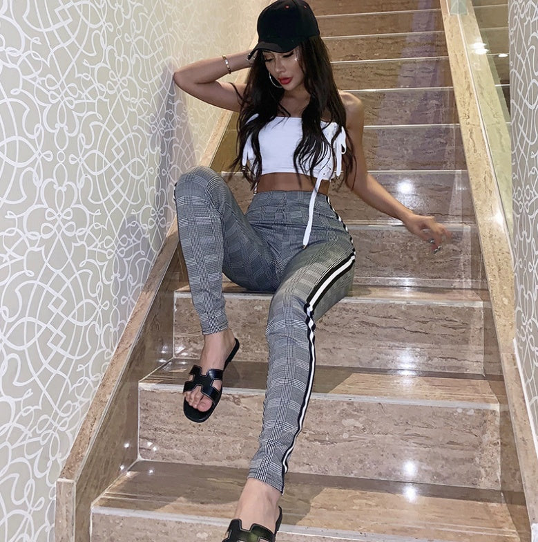 Krispfy.com European and American street sports and leisure pants women AHoundstooth Ribbon high waist tight stretch pants