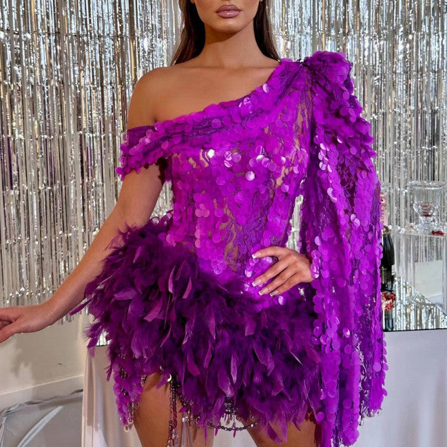 Krispfy.com Purple Sequined Feather Skirt One-shoulder Sleeve Short Dress Luxury Party Stage Performance Dress