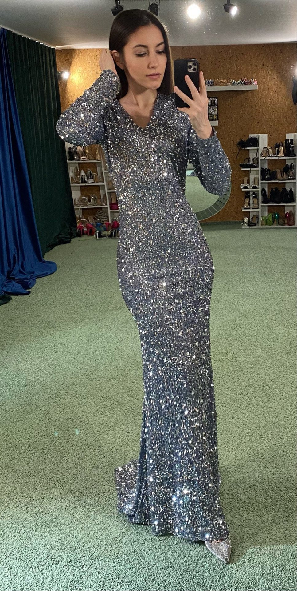 Krispfy.com Grey Long Sleeve Sequin Evening Dress