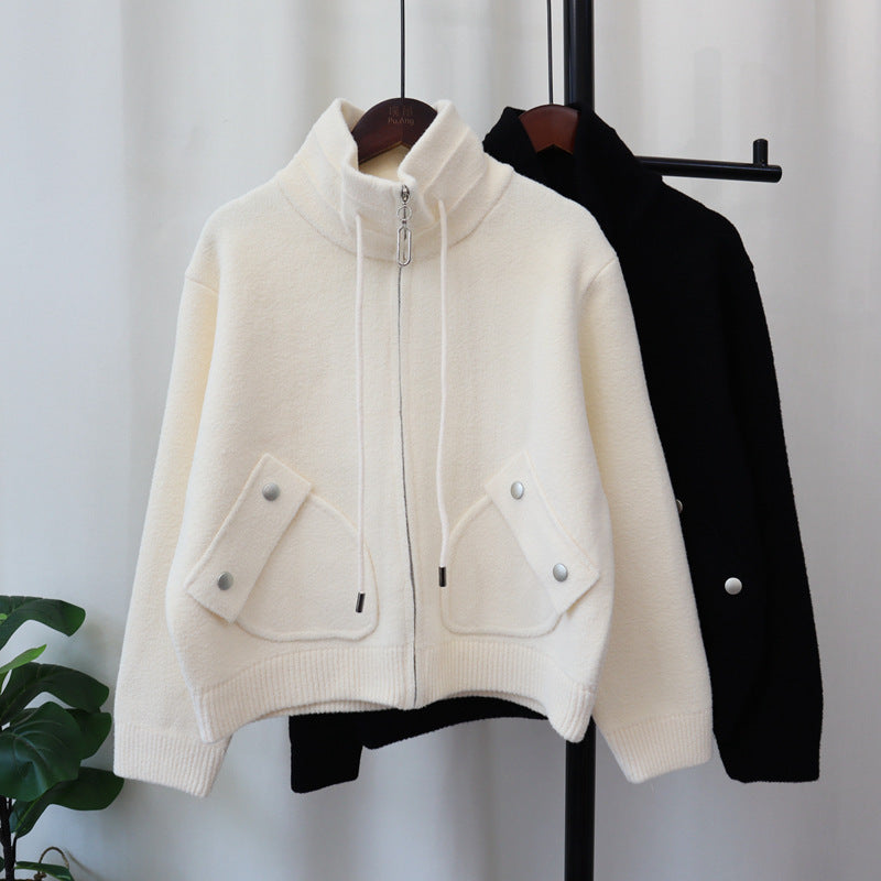 Loose Versatile Zipper Knitted Double-faced Woolen Goods Solid Color Coat For Women