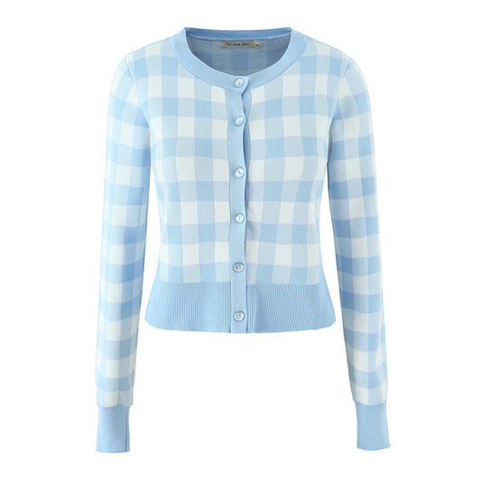Women's Round Neck Plaid Knitted Cardigan Short Slim-fit Small Coat