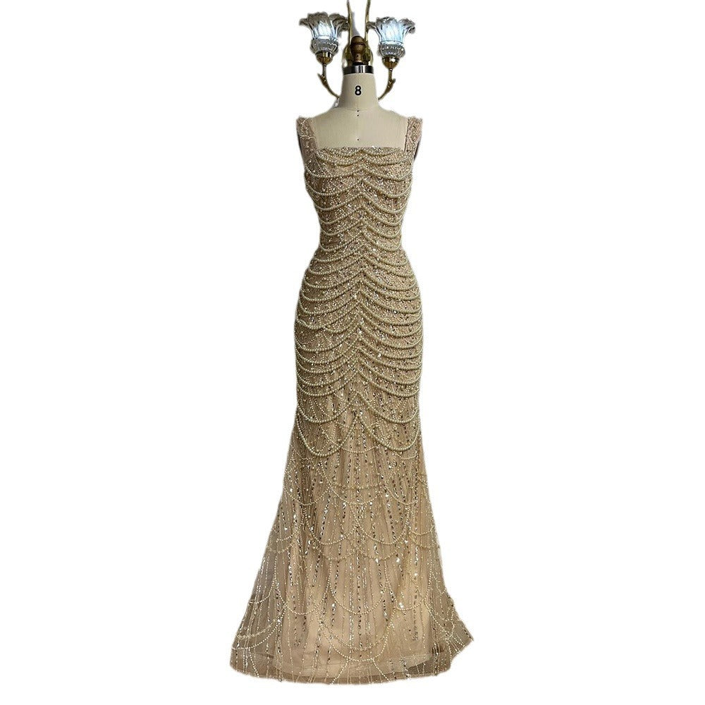 Krispfy.com Elegant Sling Light Luxury High-end Pearl Beaded Dress