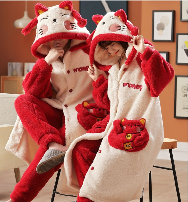 Autumn And Winter Parent-child Coral Velvet Pajamas Family Of Three Children Large Size Thickened Robe Nightgown