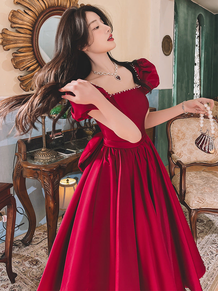 Krispfy.com Winter Wine Red Engagement I French Princess Dress I Satin Dress