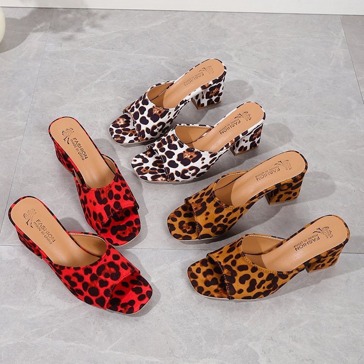Krispfy Orignals USA - Leopard Square Toe Sandals Summer High - Heeled Slippers I Chunky Heel Shoes For Women