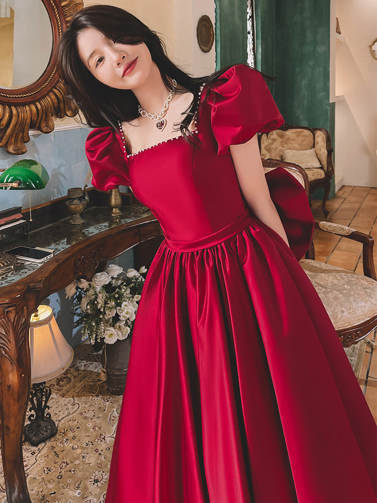 Krispfy.com Winter Wine Red Engagement I French Princess Dress I Satin Dress