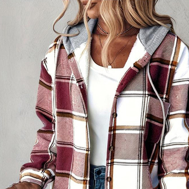 Women's Plaid Hoodie Long Sleeve Jacket Button Drawstring Casual Fall Shirts Shacket With Pocket