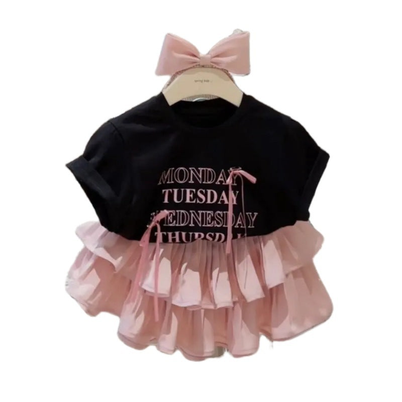 Girls' Pleated Skirt Western Style Letter T-shirt Two-piece Suit