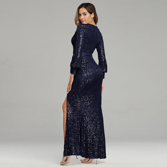 Krispfy.com Fantasy Celebrity Sexy High Slit Long Sleeve Sequined Banquet Evening Dress Women