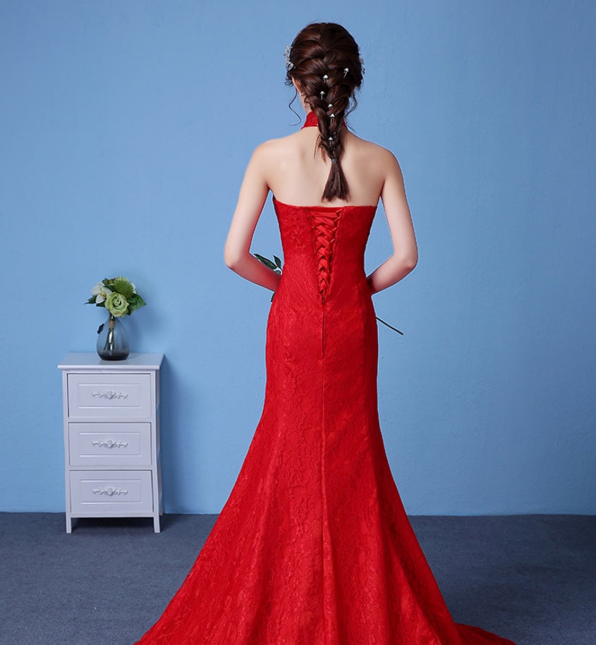 Krispfy.com Big Red Wedding Dress Bride Large Size Waist Fishtail Wedding Dress Fishtail Tail Korean Hanging Neck