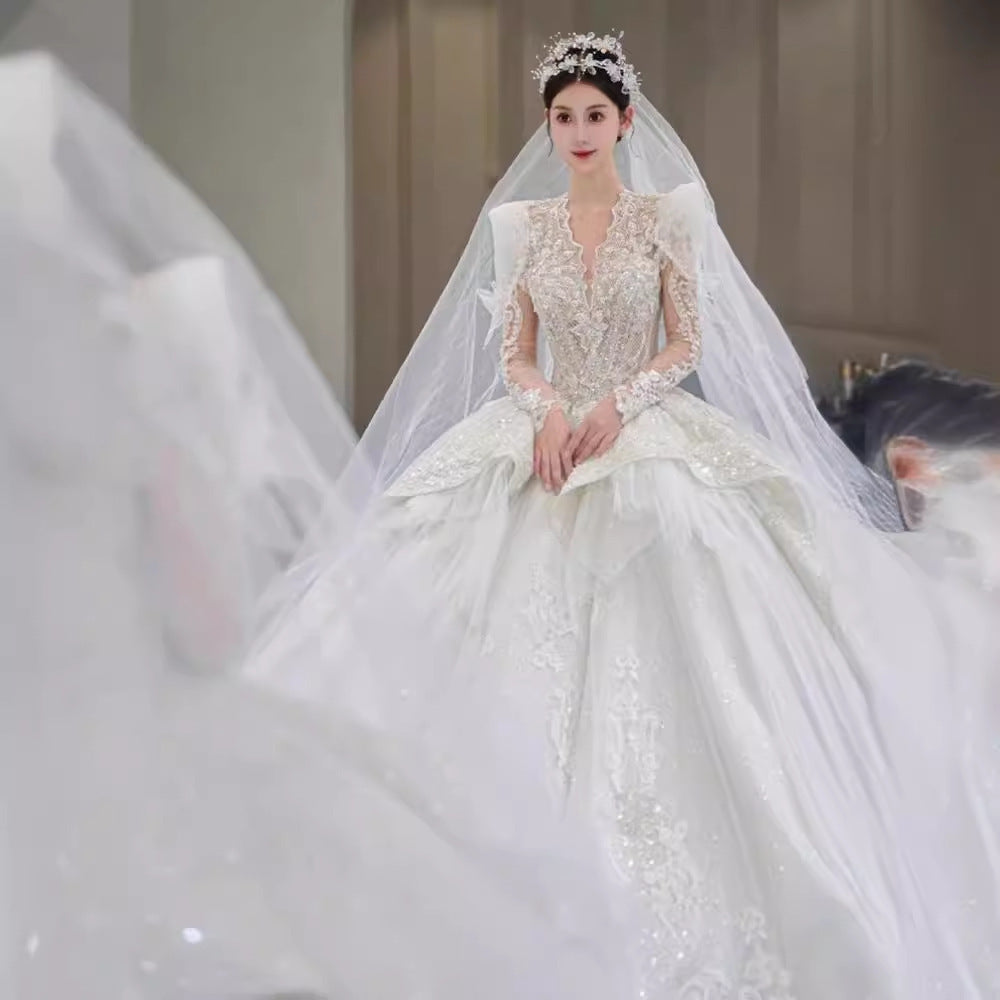 Krispfy.com Long Sleeve Trailing French Retro Bridal Dress