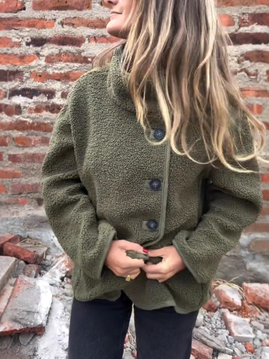Button Furry Coat Lapel Button Loose And Warm Fleece Shirt
