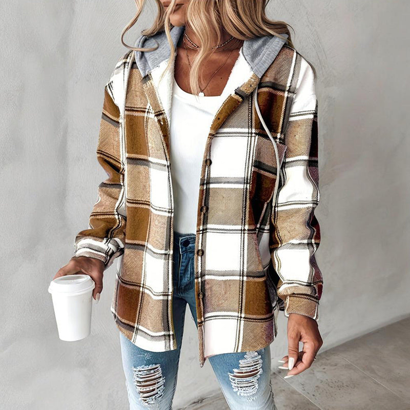 Women's Plaid Hoodie Long Sleeve Jacket Button Drawstring Casual Fall Shirts Shacket With Pocket