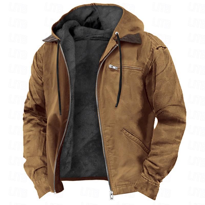 Krispfy.com - Orgnals Winter Hooded Coat With Pockets Fashion Warm Fleece Zip-up Jacket Casual Outwear Men's Clothing