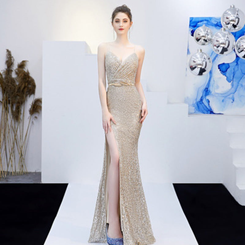 Krispfy.com New Banquet Elegant Annual Meeting Long Host Deep V Sexy Fishtail Sequined Dress