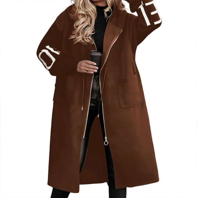 Women's Long Sleeve Letter Print Hooded Coat With Pockets - Zip Front Long Windbreaker For Spring&Fall