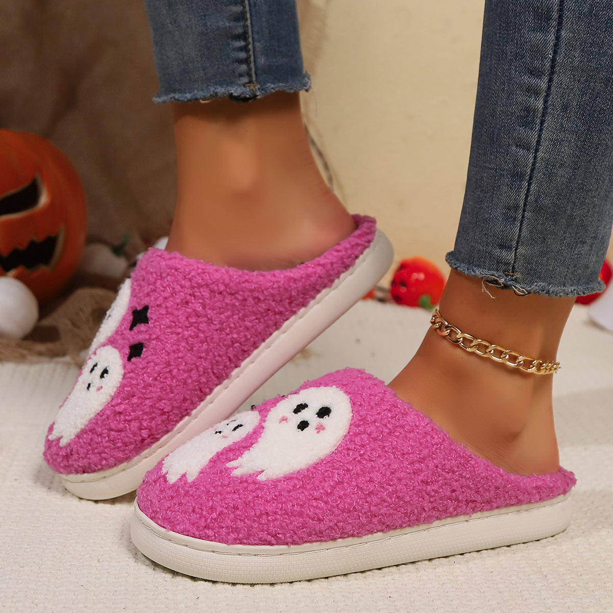 Krispfy Orignals USA - Halloween Cartoon Ghost Cotton Slippers For Women I Indoor Non-slip Bedroom Floor Slipper