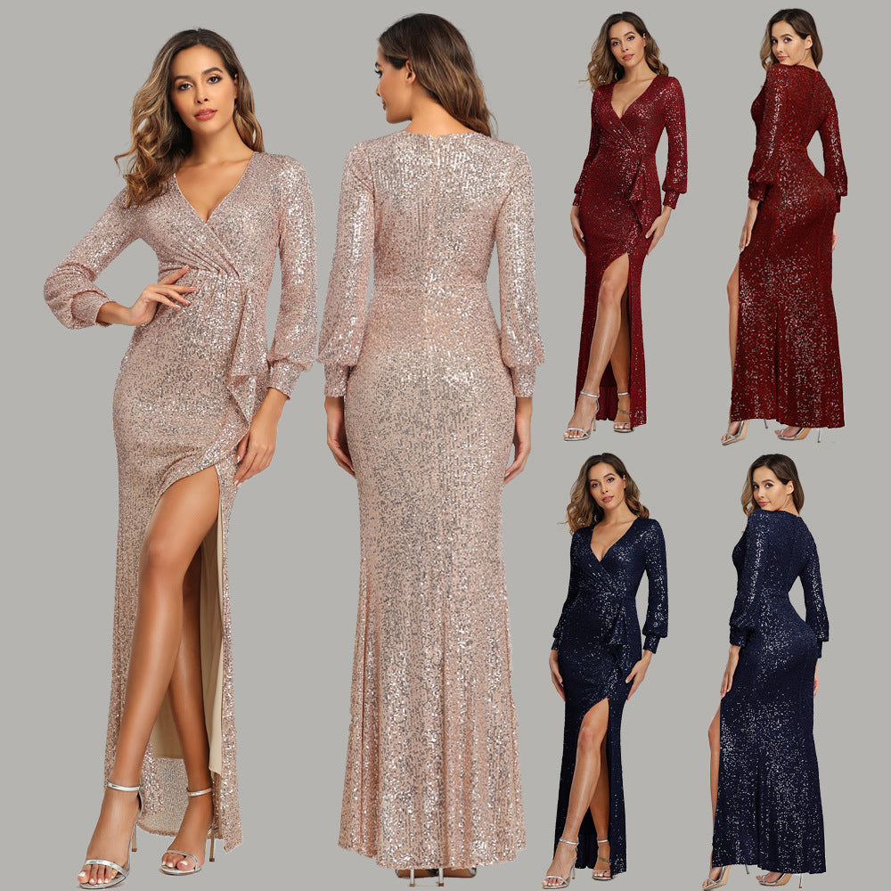 Krispfy.com Fantasy Celebrity Sexy High Slit Long Sleeve Sequined Banquet Evening Dress Women
