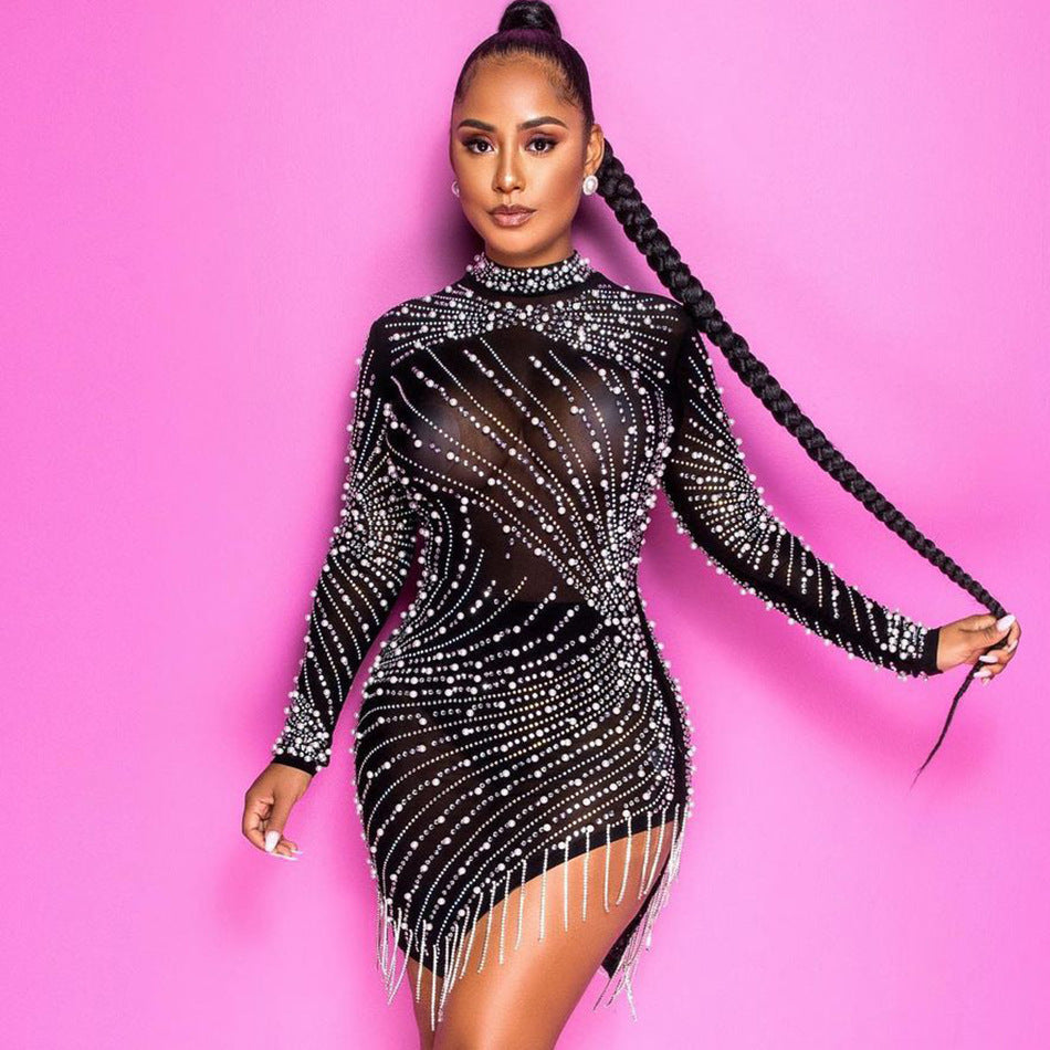 Krispfy.com Pearl Rhinestone Stretch Side Seam Tassel Short Dress