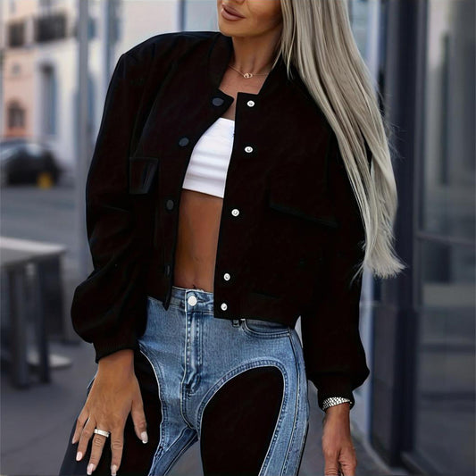 Women's Solid Color Long Sleeve Baseball Jacket With Button Front & Pockets - Casual Short Jacket For Spring&Fall