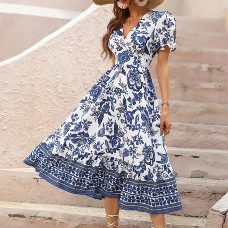 Women Floral Maxi Dress Short Puff Sleeve V Neck Bohemian Flowy Smocked Long Dress