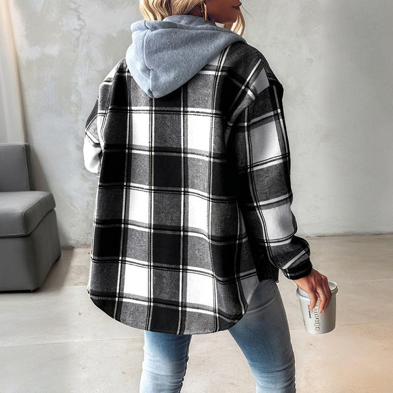 Women's Plaid Hoodie Long Sleeve Jacket Button Drawstring Casual Fall Shirts Shacket With Pocket