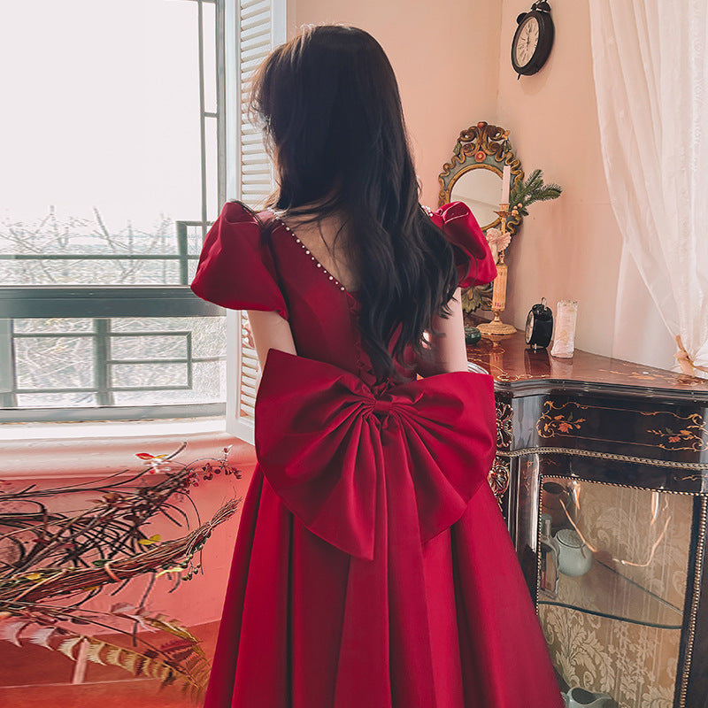 Krispfy.com Winter Wine Red Engagement I French Princess Dress I Satin Dress