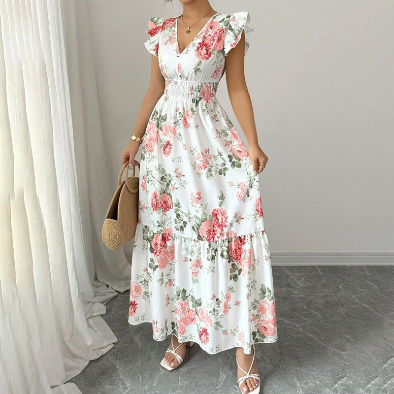 Womens Casual Summer Maxi Dress Flutter Short Sleeve V Neck Smocked A Line Flowy Beach Vacation Long Dresses