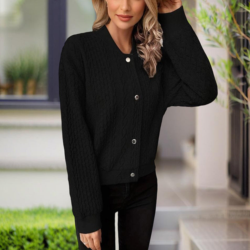 Women's Solid Color Button-Up Long Sleeve Jacket - Ribbed Texture Casual Top For Spring & Fall